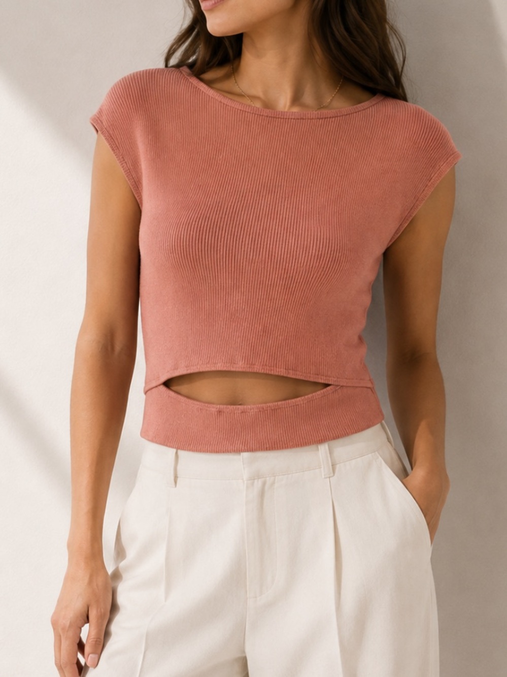 Aritzia Wilfred Yacine Cut Out Knit Rib Crop Top Earthen Red XS